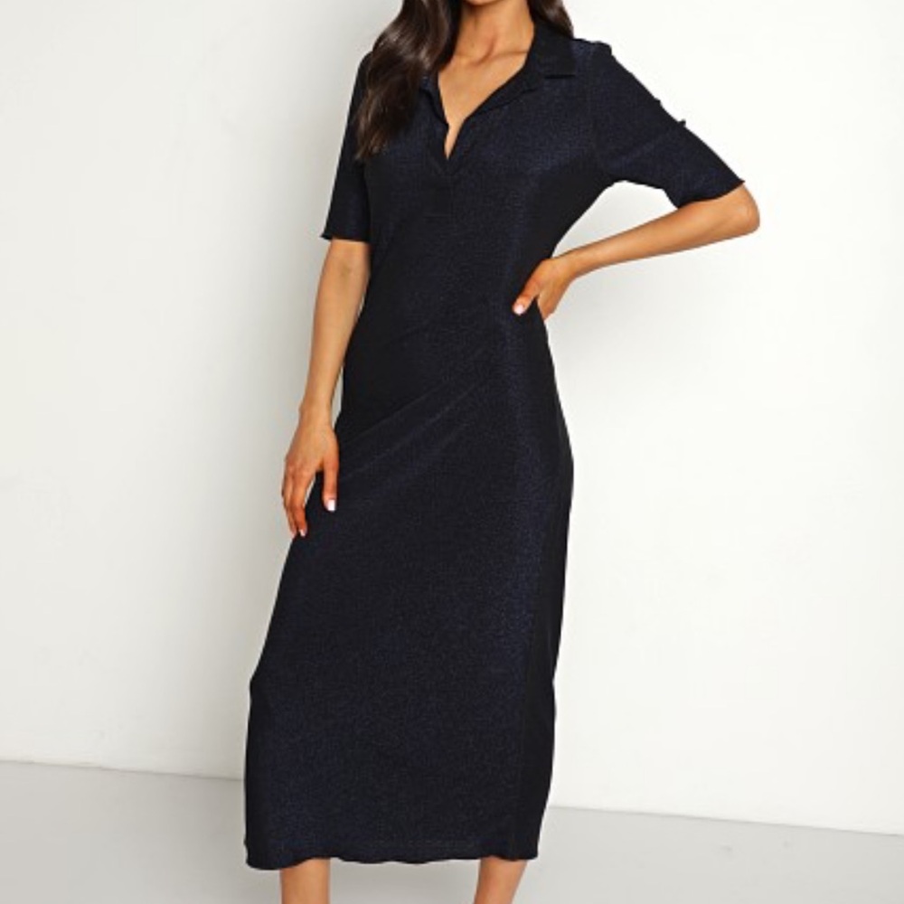 PISTOLA Vita Polo Dress Navy Shimmer Midi Short Sleeve Side Gather, Slits Sz S - Picture 1 of 15